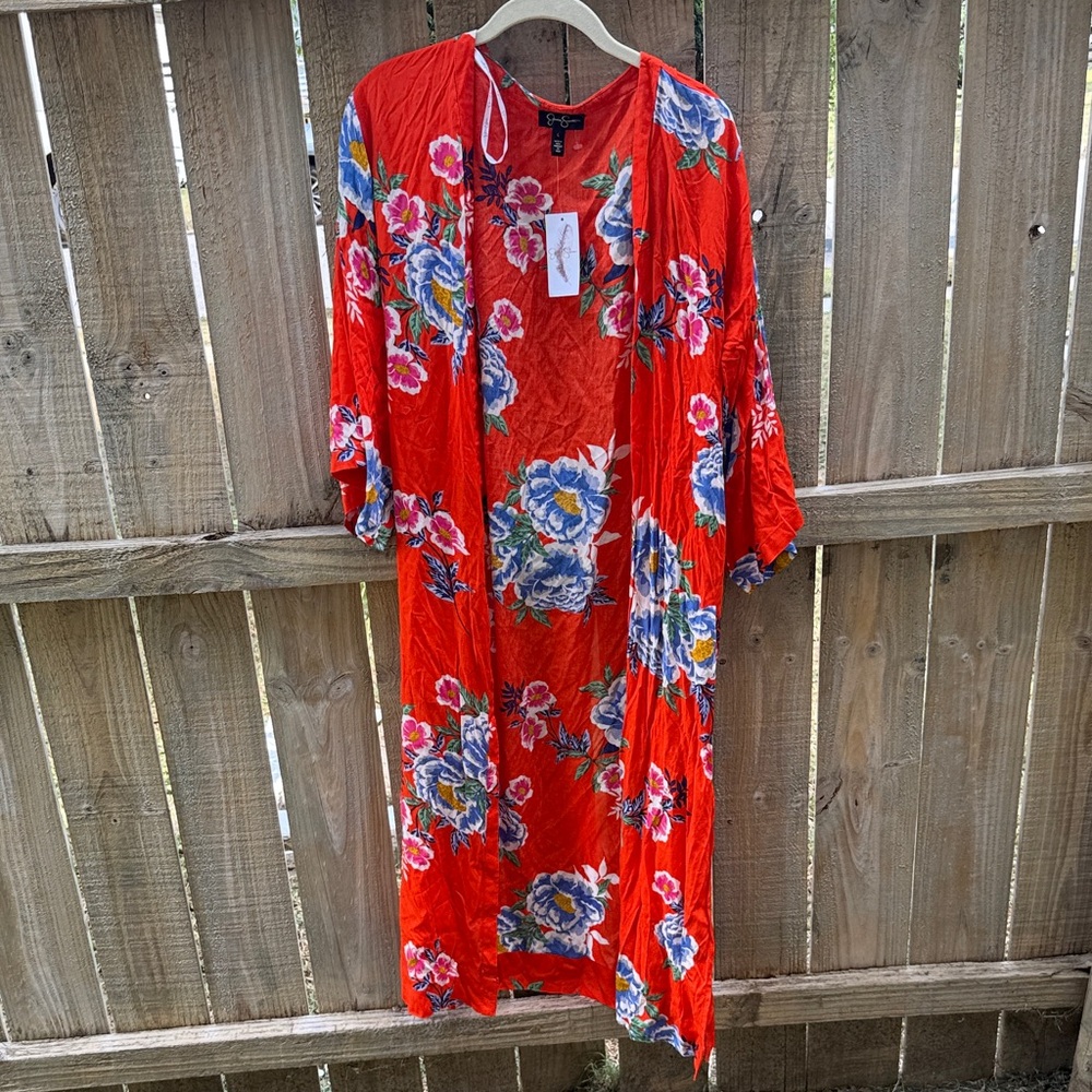 Jessica Simpson spicy orange comic floral 3/4 slv duster